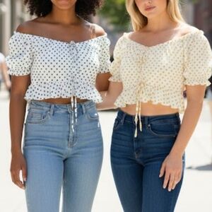 NWOT HYFVE bundle 2 Crop Top polka dots tie, puff sleeves, cotton sz L.